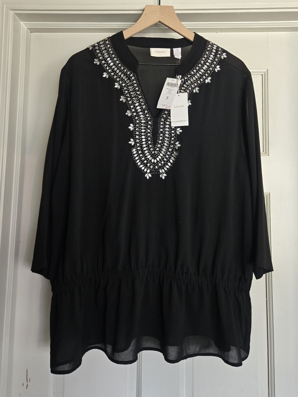 Chico's Katrina Black Beaded V-Neck Sheer Tunic Blouse Size 3